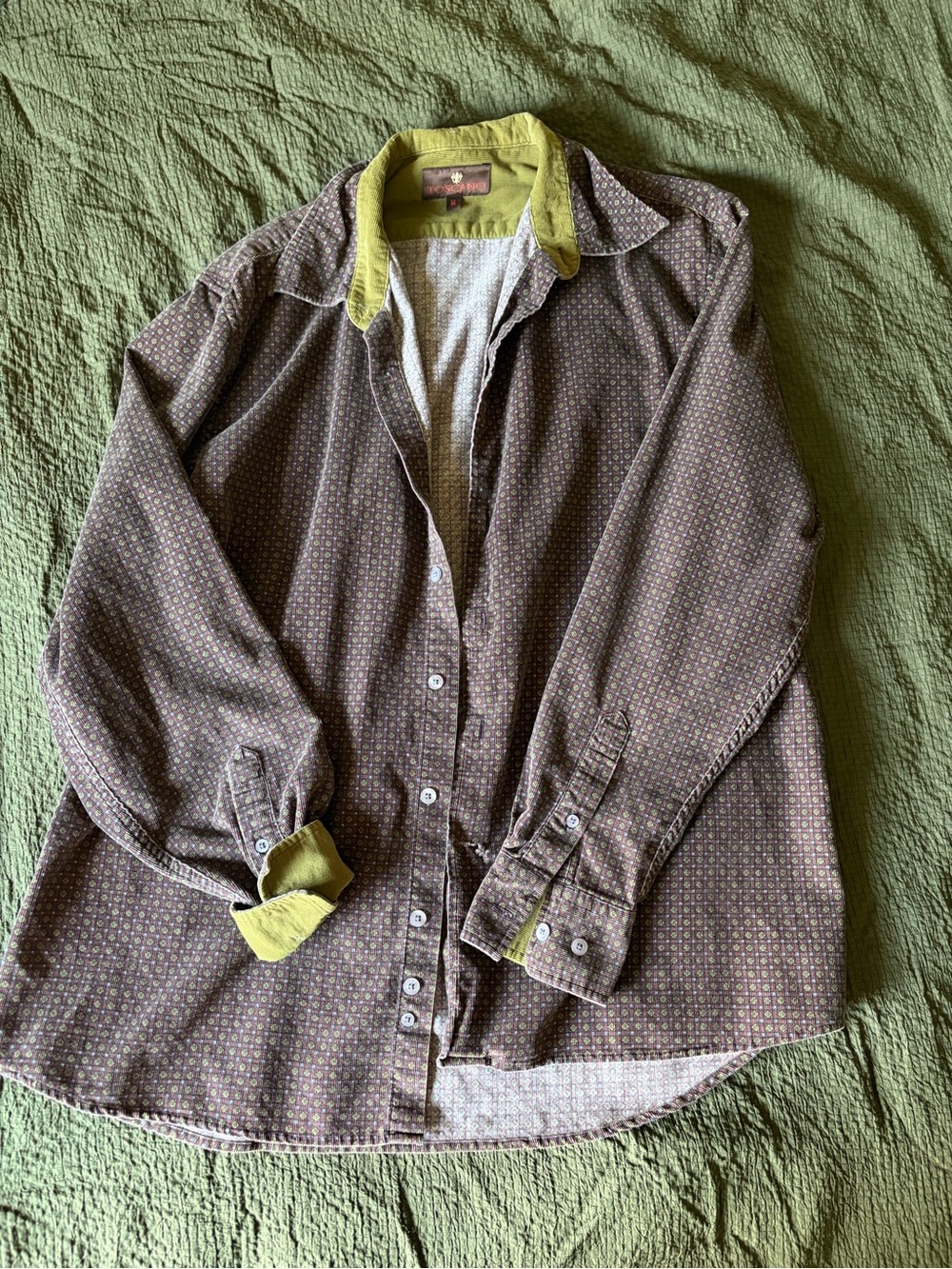 Casual Brown Printed Button-Down Shirt with Chartreuse Trim